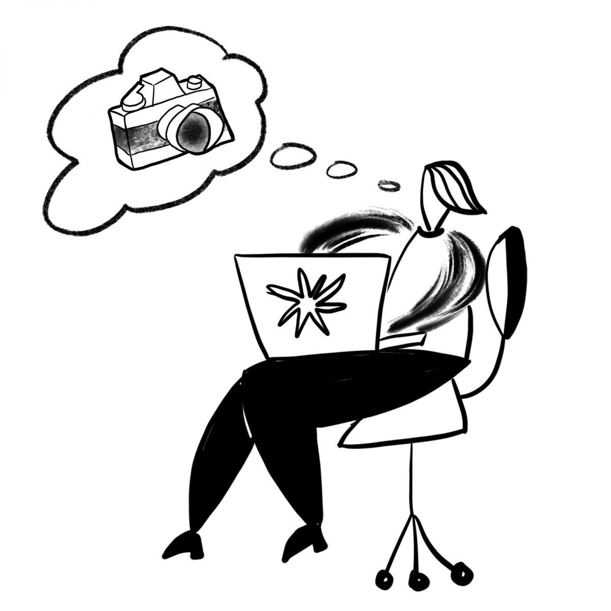 Illustration of a woman at a computer thinking about photography